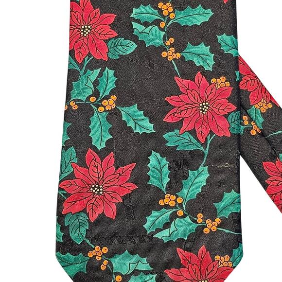 Christmas Holiday Tie Hallmark Yule Necktie Greeting Poinsettia Holly Black USA - Picture 2 of 8